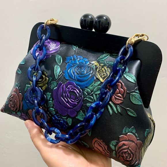 Embossed Rose Genuine Leather Handmade Wooden Frame Clutch/Wristlet /Crossbody - Picture 7 of 16